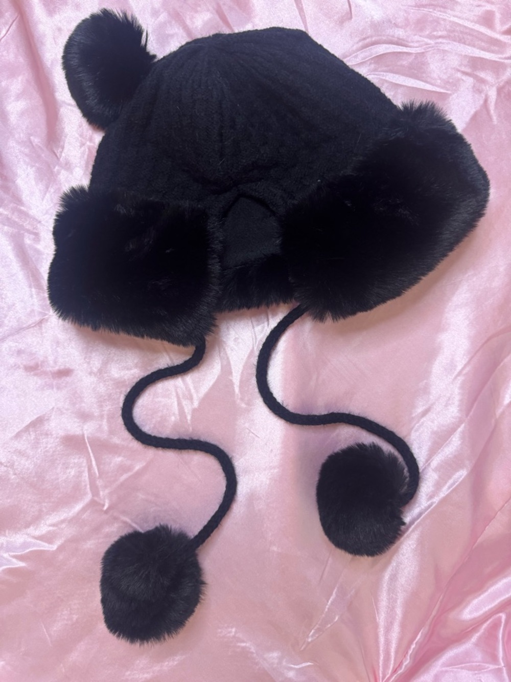 Kids Black Faux Fur Pom Pom Winter Hat